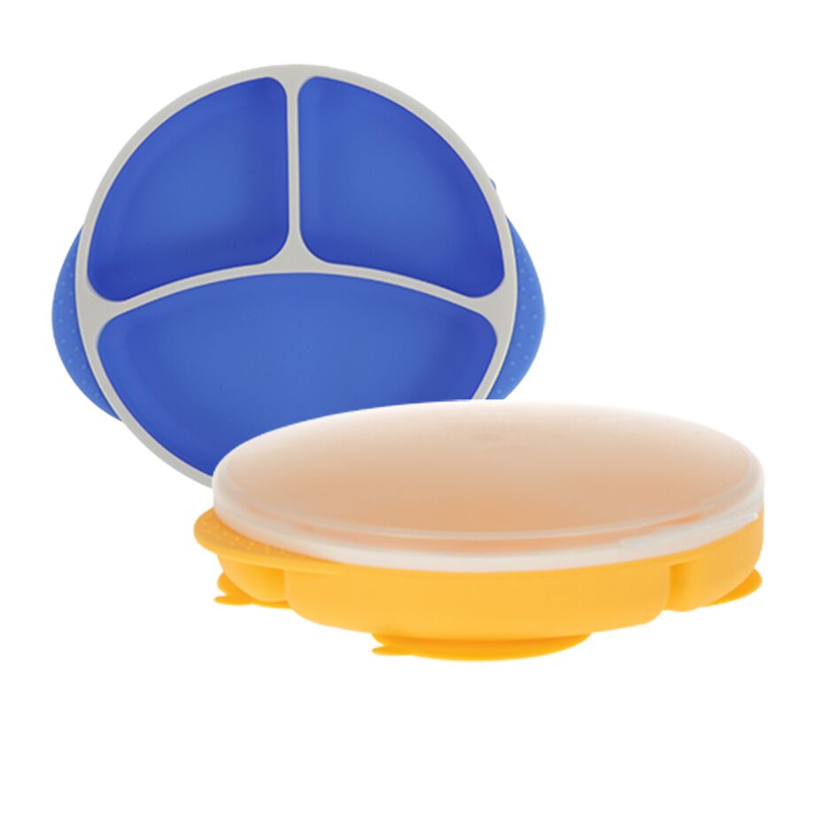 Round Silicone Suction Plate & Lid (2 Pack) | Blue / Yellow (V2ZC)
